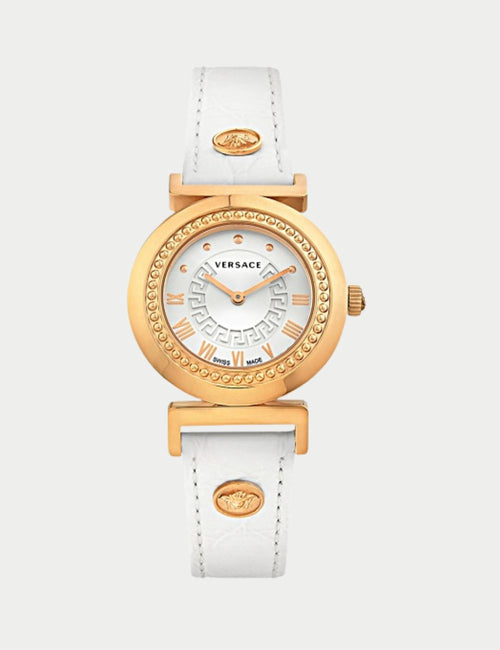 Versace Vanity watch with gold bezel and white leather strap featuring Medusa accents