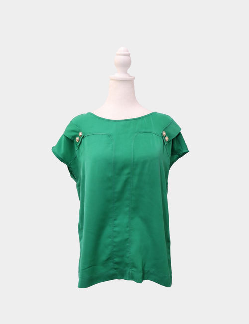 Versace Jeans Emerald Green Top with Boat Neckline, Cuffed Short Sleeves, and Relaxed Fit