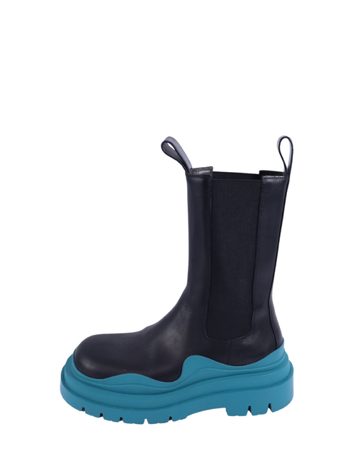 Bottega Veneta black leather boots with blue rubber lug sole and pull tabs