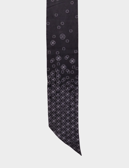 "Chanel black silk skinny scarf with white CC print and circle motif"