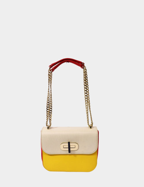 Pre-owned color block crossbody bag with gold chain strap in ivory, yellow, and red