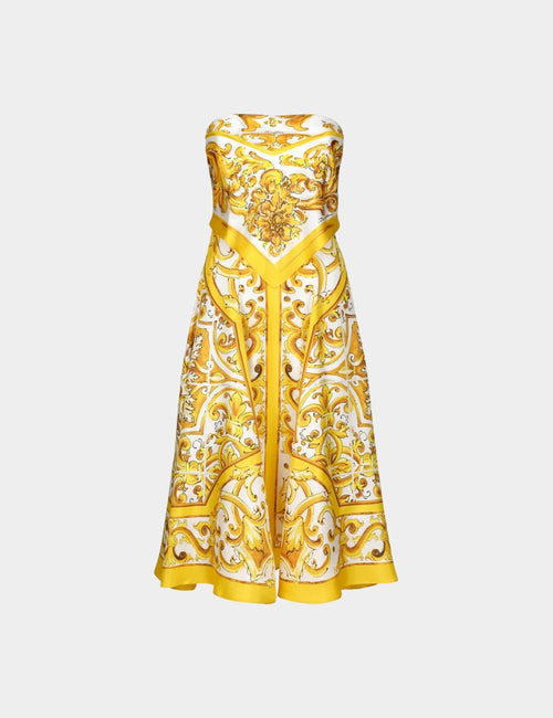 Dolce & Gabbana strapless midi dress with yellow baroque print on white silk
