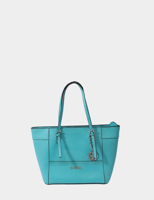 Pre-owned Guess teal faux leather shoulder bag with silver logo charm and structured design