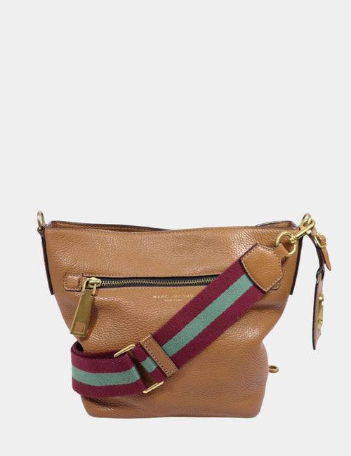 Marc by Marc Jacobs brown leather bucket bag with striped canvas shoulder strap and gold hardware