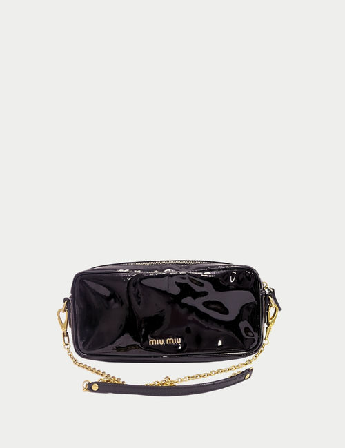 Miu Miu black patent leather clutch bag with gold logo and zip closure