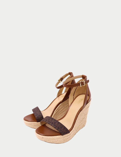 Michael Kors brown raffia wedge sandals with ankle strap and logo canvas toe