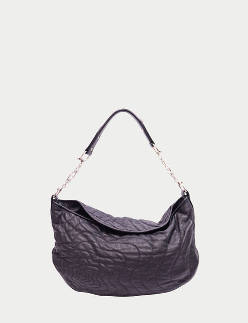 Montblanc black quilted leather hobo bag with fold-over design and chain strap