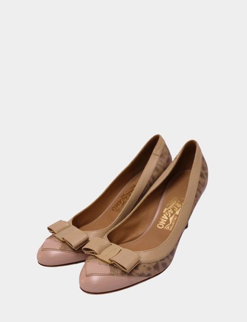 Salvatore Ferragamo nude kitten heels with animal print panels and Vara bow detail