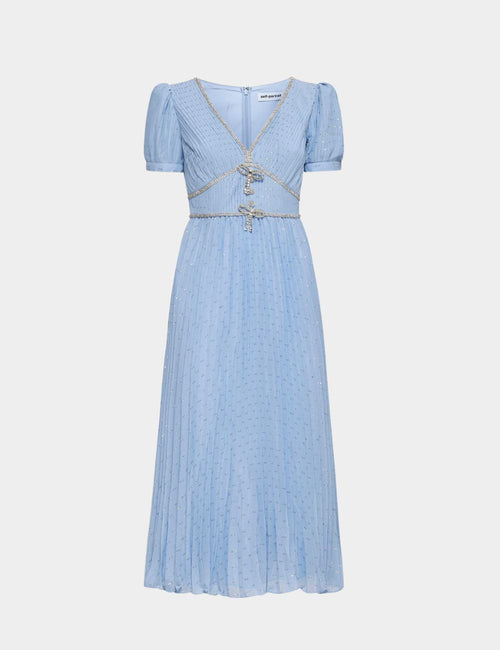 Self-Portrait baby blue V-neck midi dress with puff sleeves, diamanté trim, and bow embellishments