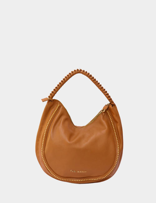Ted Baker camel brown leather hobo bag with braided handle and gold stud detailing