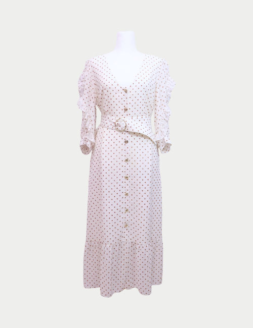 Uterqüe white midi dress with brown polka dots, ruffle sleeves, buttons, and belted waist