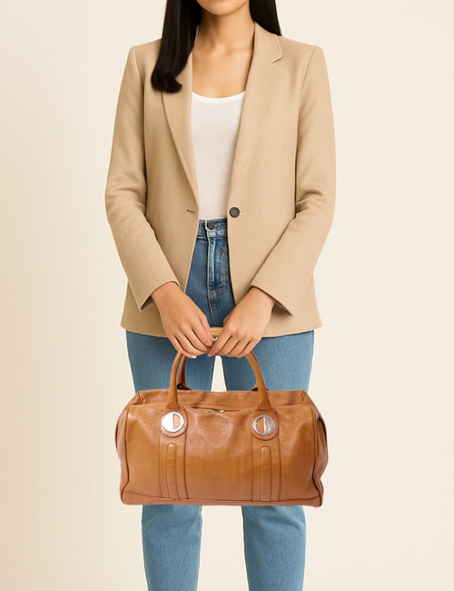 Vintage Versace brown leather satchel with silver-tone circular hardware and top handles