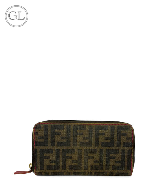 Fendi Zucca FF logo monogram canvas zip-around wallet with leather pull.