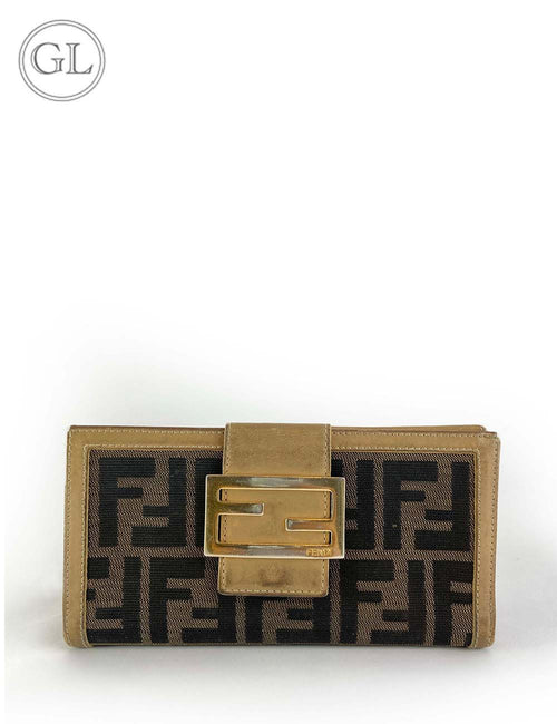 Fendi Zucca FF logo monogram canvas continental wallet with oversized gold FF buckle.