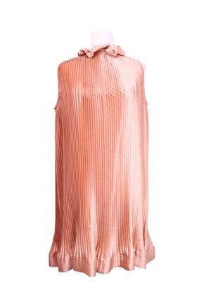 ASV peach pleated satin midi dress featuring a halter neckline with self-tie detail and a flowing sleeveless silhouette.