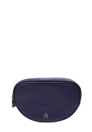 Aigner navy grained leather belt bag with silver-tone logo hardware and zip-top closure.