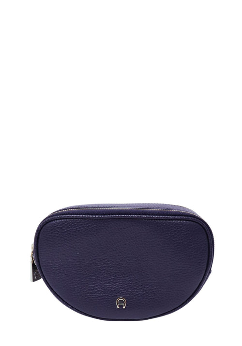 Aigner navy grained leather belt bag with silver-tone logo hardware and zip-top closure.
