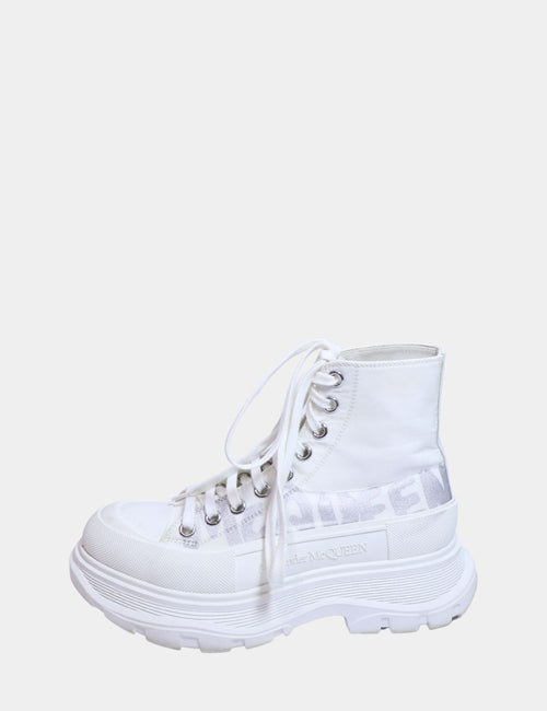 Alexander McQueen white high-top lace-up platform sneakers with chunky sole
