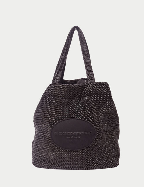 Alexander Wang black knit mesh hobo bag with tonal logo patch and tote handles

