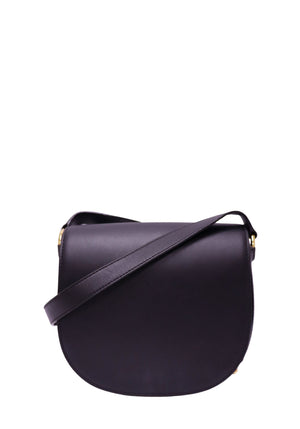 Authentic Alexander Wang black leather crossbody saddle bag with adjustable shoulder strap, gold-tone hardware, and signature studded base detailing.