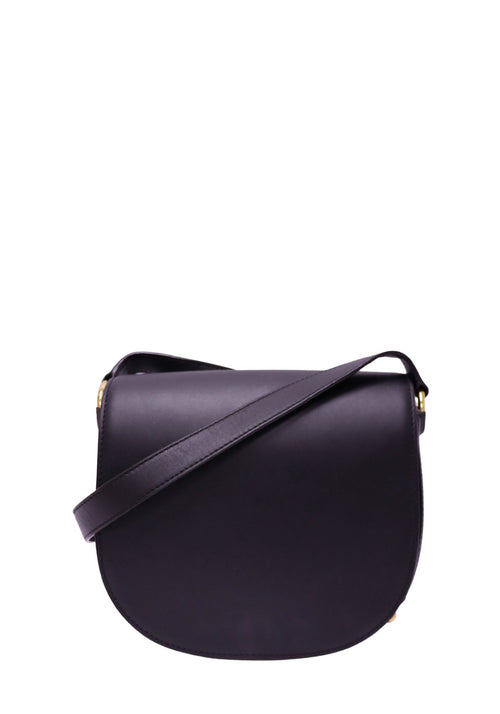 Authentic Alexander Wang black leather crossbody saddle bag with adjustable shoulder strap, gold-tone hardware, and signature studded base detailing.