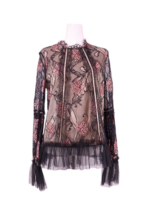 Alexis black sheer floral lace top with long sleeves and ruffle hem detail