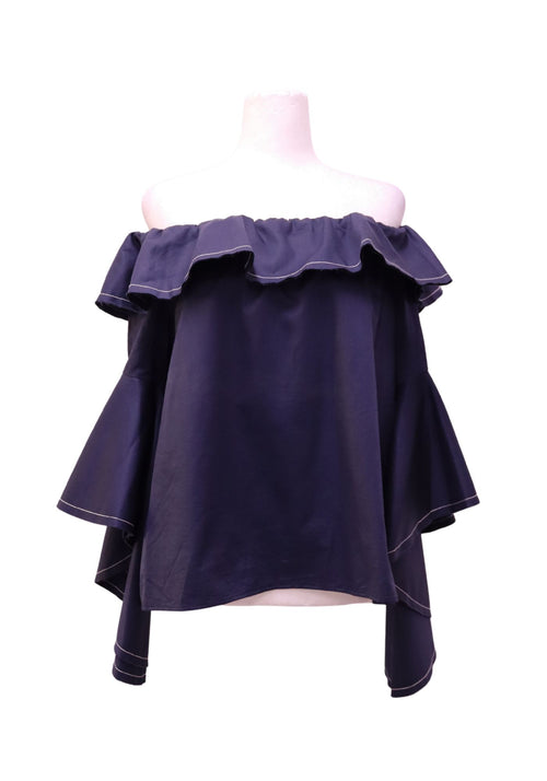 Alexis navy off-the-shoulder top with ruffled neckline and cascading sleeves