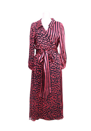 Alice + Olivia Abigail wrap dress featuring pink leopard print, contrasting striped panels, long sleeves, and a self-tie waist belt