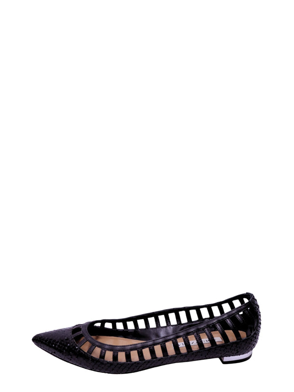 Aquazzura black python-embossed leather pointed toe ballet flats with geometric cutout detailing and low heel.