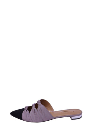 Authentic Aquazzura lilac knotted pointed-toe mules with a contrasting black toe cap and low block heel.