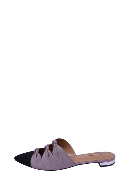 Authentic Aquazzura lilac knotted pointed-toe mules with a contrasting black toe cap and low block heel.