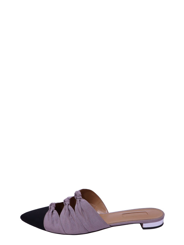 Authentic Aquazzura lilac knotted pointed-toe mules with a contrasting black toe cap and low block heel.