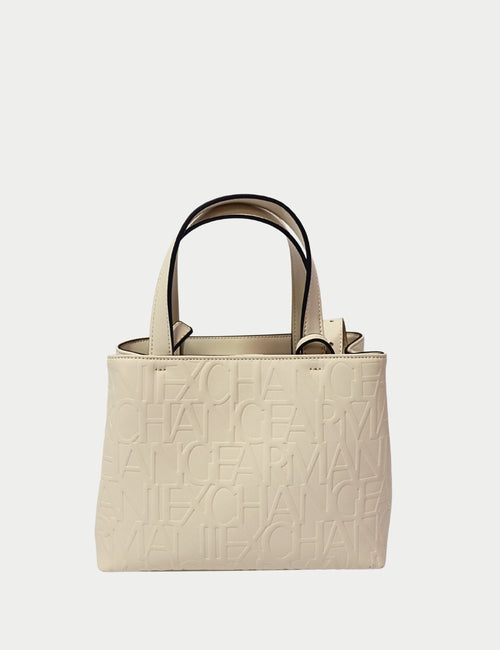 Armani Exchange ivory tote bag with embossed logo design, dual handles, and detachable crossbody strap