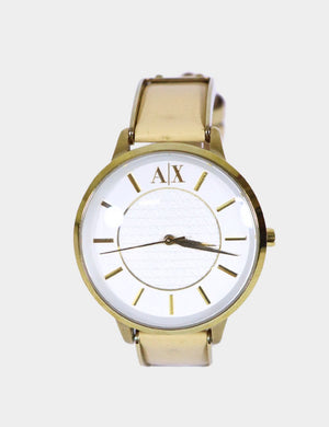 "Armani Exchange gold-tone women’s watch with white dial and leather strap"

