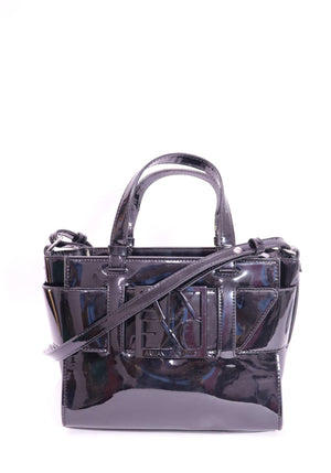 Authentic Armani Exchange black patent leather mini top handle bag with detachable shoulder strap, tonal AX logo hardware, and structured silhouette.