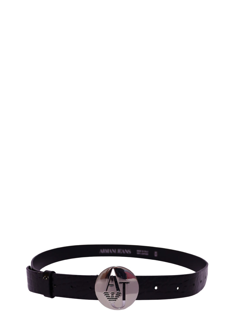 Armani Jeans black embossed leather belt featuring a polished silver-tone AJ logo buckle.