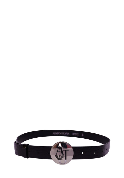 Armani Jeans black embossed leather belt featuring a polished silver-tone AJ logo buckle.