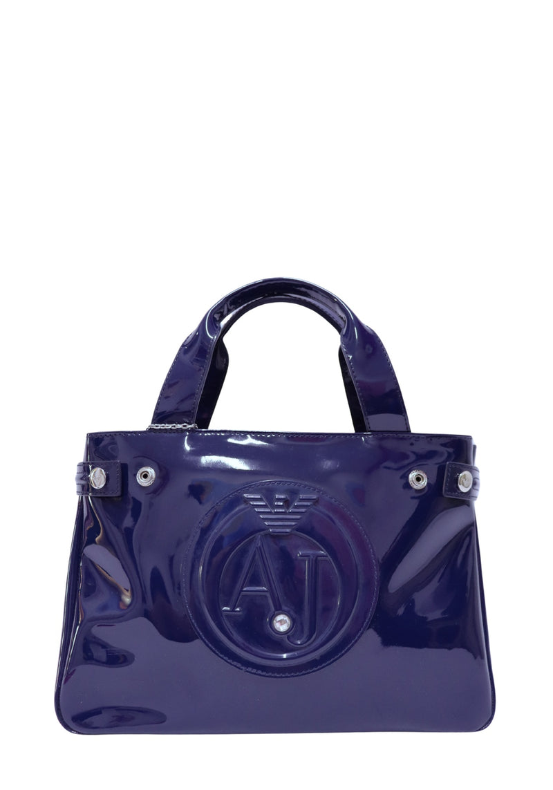 Armani Jeans navy patent leather tote bag with oversized embossed AJ logo, dual top handles, and silver-tone hardware.