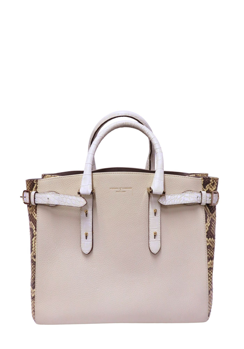 Authentic Aspinal of London cream pebbled leather tote bag with genuine python trim, wrapped top handles, and gold-tone hardware.