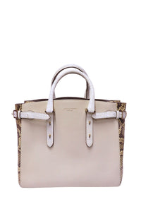 Authentic Aspinal of London cream pebbled leather tote bag with genuine python trim, wrapped top handles, and gold-tone hardware.