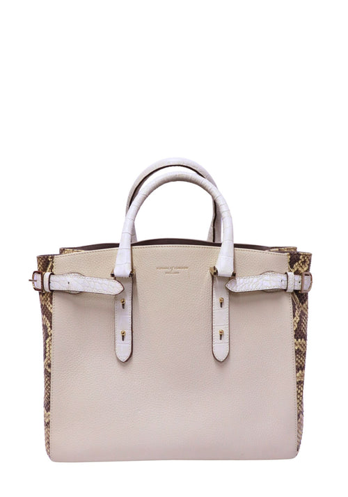 Authentic Aspinal of London cream pebbled leather tote bag with genuine python trim, wrapped top handles, and gold-tone hardware.