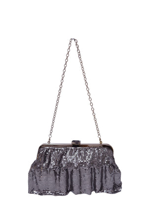 BCBGMAXAZRIA silver metal mesh ruffle evening bag with chain shoulder strap