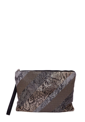 BCBGMAXAZRIA metallic snakeskin-print wristlet clutch in bronze silver taupe and black