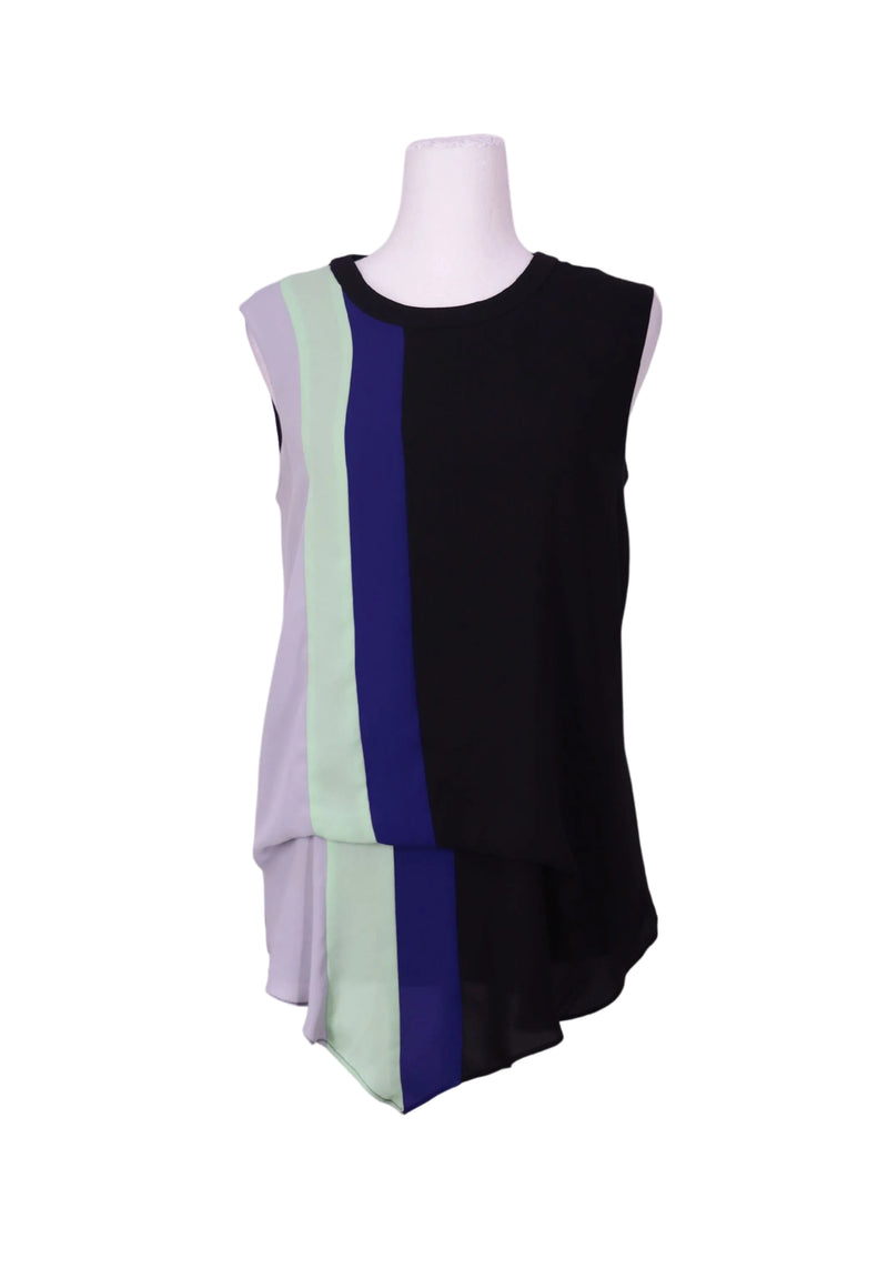 Sleeveless BCBGMAXAZRIA asymmetrical top in a lightweight chiffon fabric, featuring a color-block design with black, navy, mint green, and soft lavender vertical panel