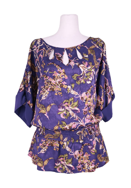 BCBG Max Azria purple floral silk blouse with keyhole neckline