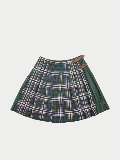 BR Athletics green plaid pleated wrap skirt with buckle strap closure.