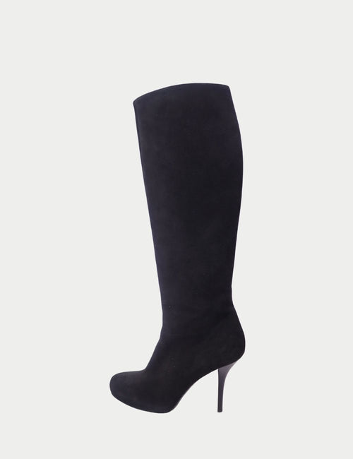 Balenciaga black suede knee-high stiletto boots with pointed toe and slim high heel