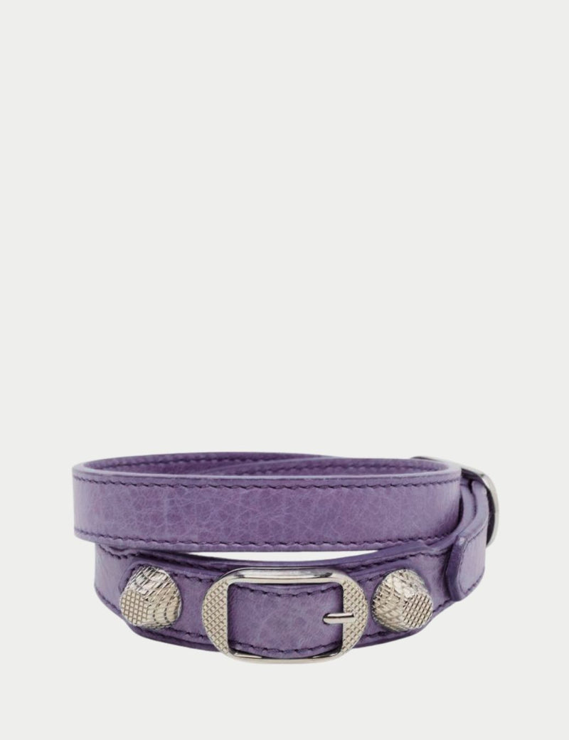 Balenciaga Purple Leather Triple Tour Bracelet with silver hardware and stud detailing