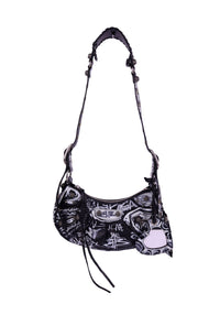 Balenciaga Le Cagole mini shoulder bag in black and white graffiti print with studs and mirror charm