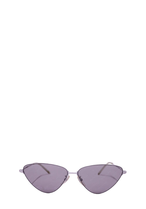 Authentic Balenciaga white metal cat-eye sunglasses with grey tinted lenses and slim minimalist frame.